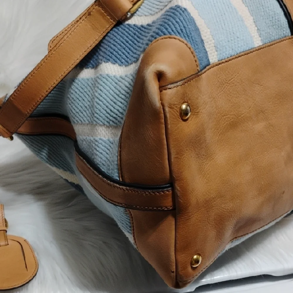 SALE! Auth Gucci Blue & White Striped Leather Trim Travel/Duffle Bag W Strap - Picture 6 of 16